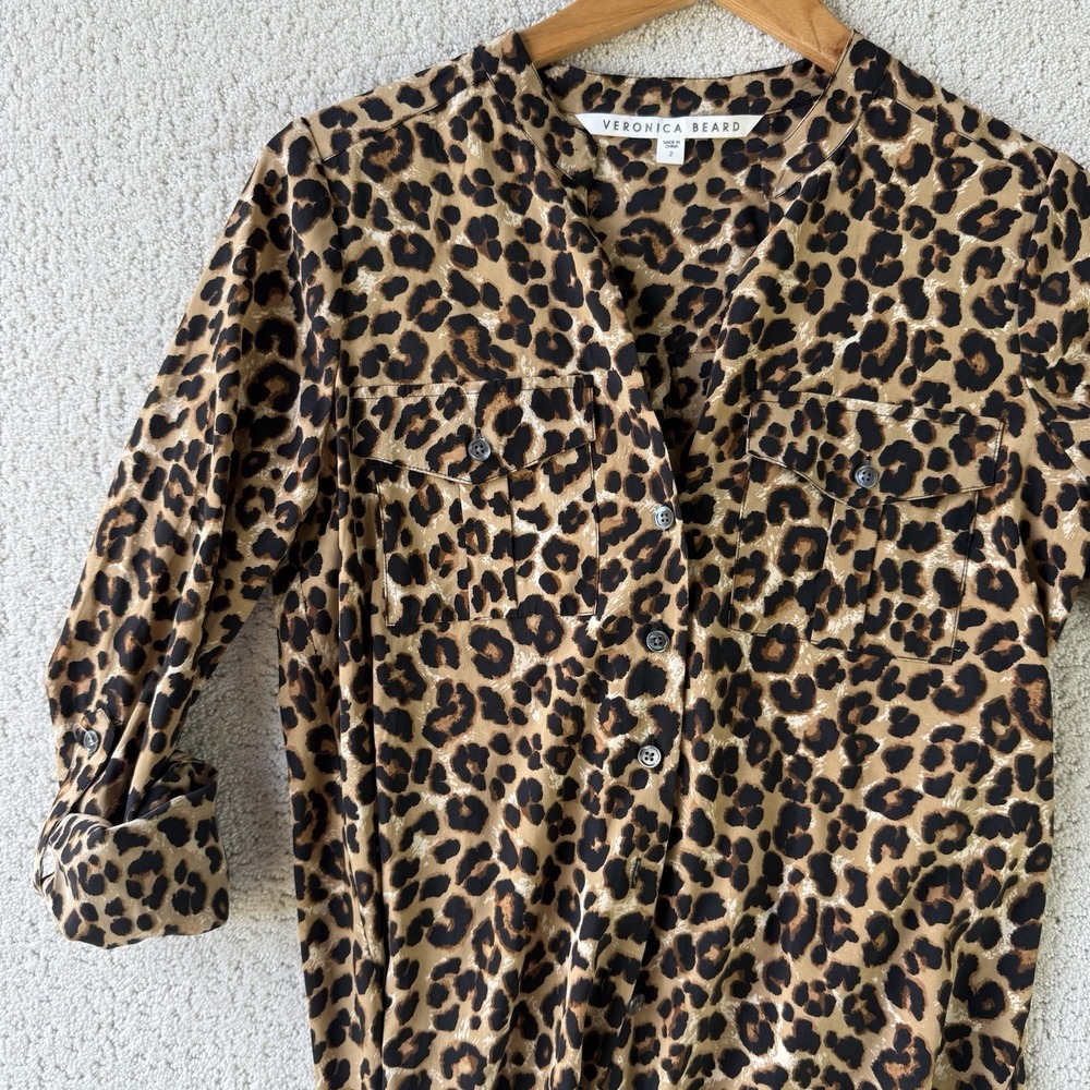 Veronica Beard Ann Top Womens 2 Leopard Print Silk Blend Button Front Blouse